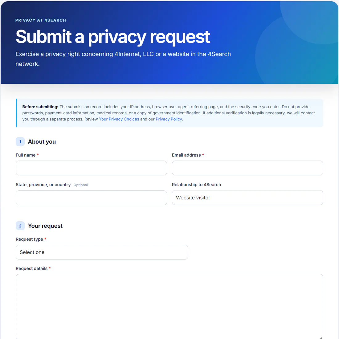 The Privacy Request Form: About you, the request type and the request details